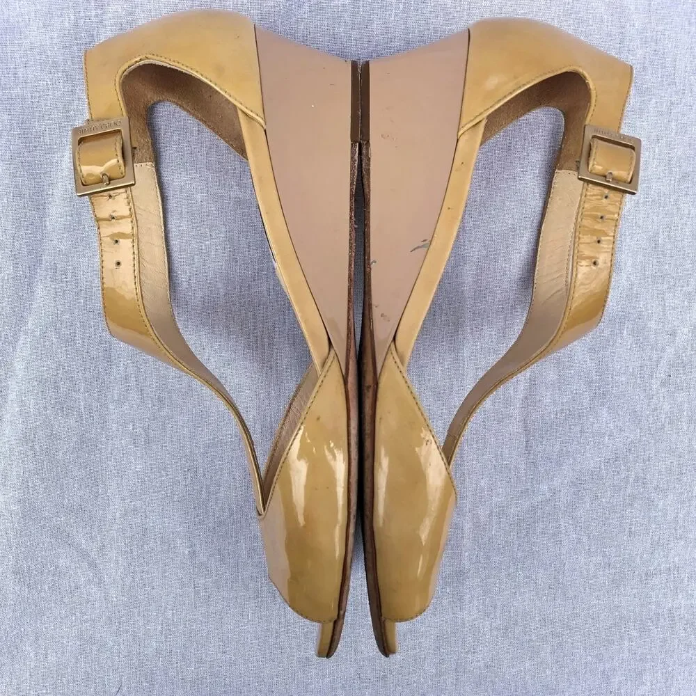 Jimmy Choo Shoes Tan Patent Leather T Strap Wedge Sandal Made in Italy Flawed 39
